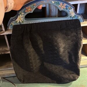 Vintage Elegant Black Handbag with Floral Handle